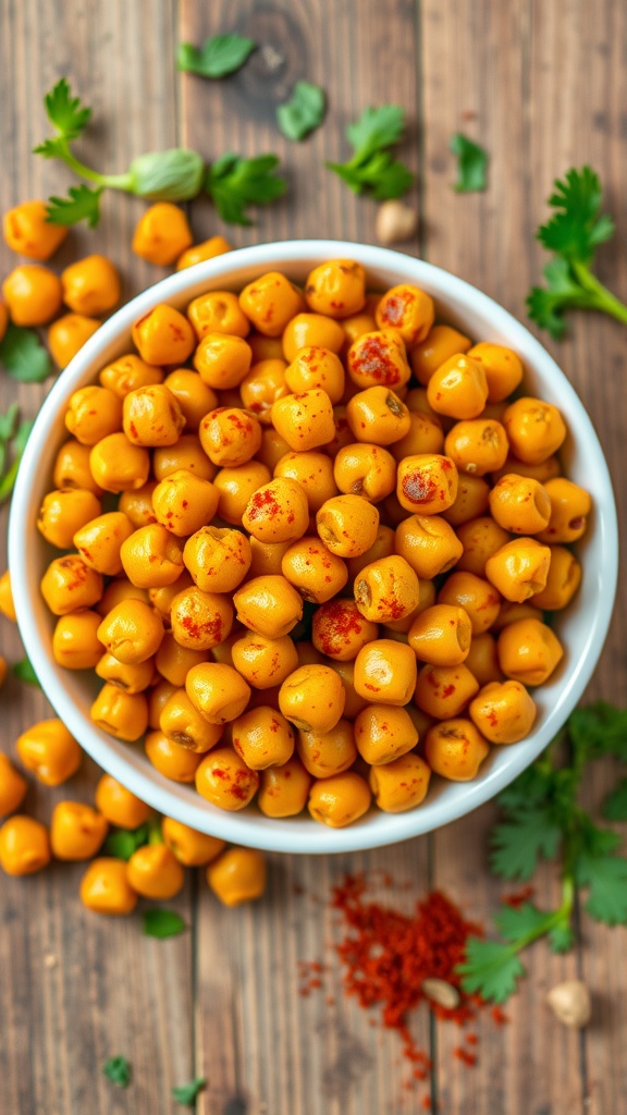 Crispy roasted chickpeas seasoned with spices in a bowl, surrounded by fresh herbs.